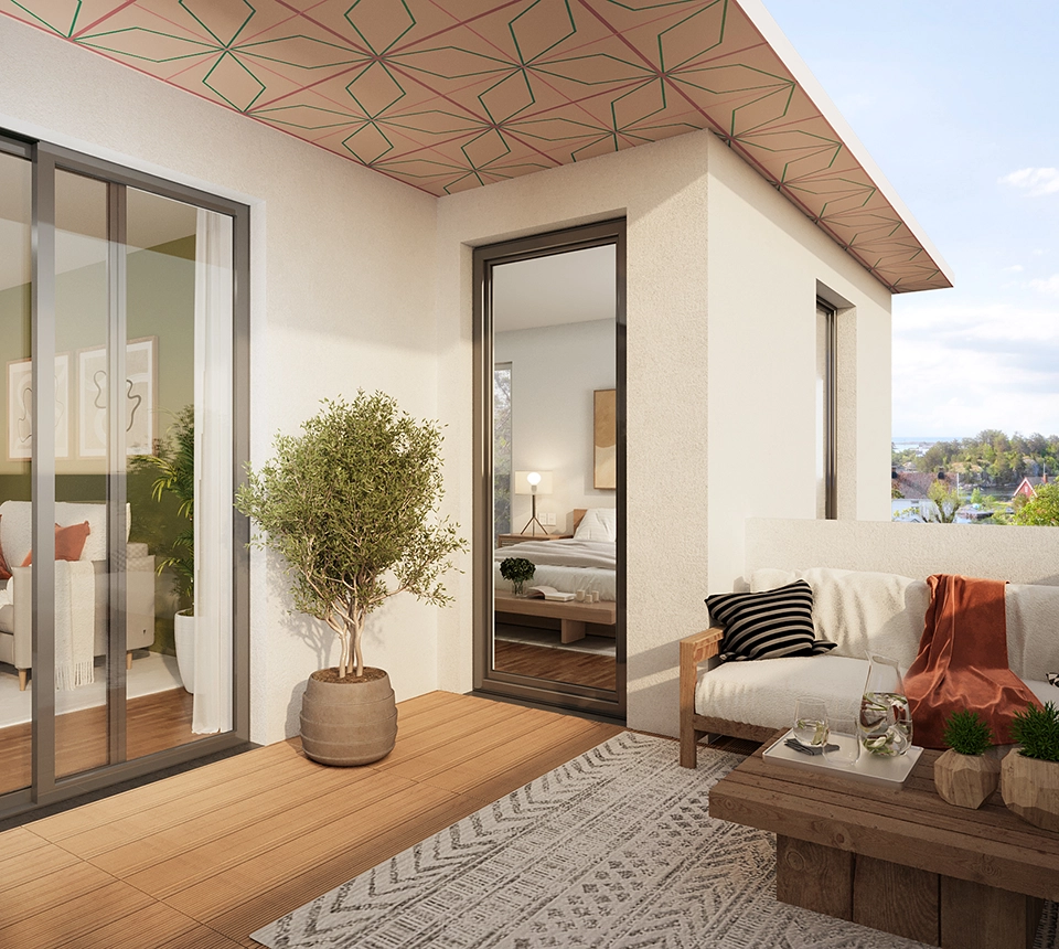 Moderne 3D Visualisierung des Balkons des Townhouse Rebe in Radebeul
